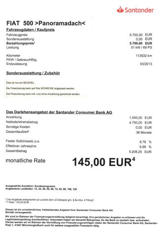 Fahrzeugabbildung Fiat 500 Lim. 1.2 8V, Lounge>Panorama/Klima/Bluetooth