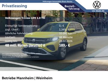 Volkswagen Leasingangebot: Volkswagen T-Cross Life 1.0 TSI KLIMA LED DAB ALU Bluetooth