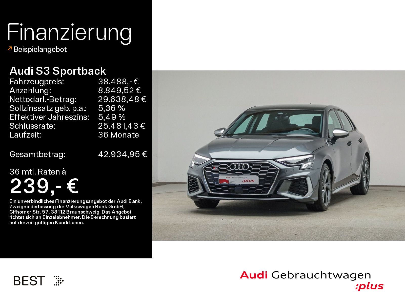 AUDI S3 Sportback Pano, B&amp;O, Navi, virtual plus