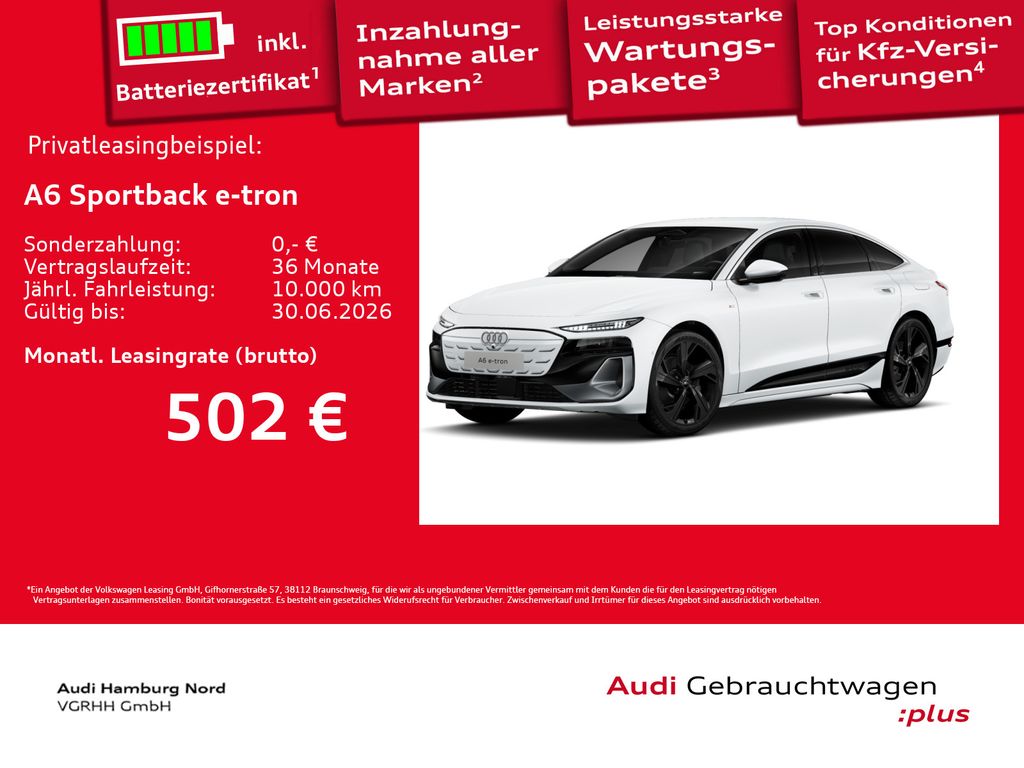Abbildung Leasingangebot Audi A6 Sportback e-tron S line AHK Matrix ACC Memory
