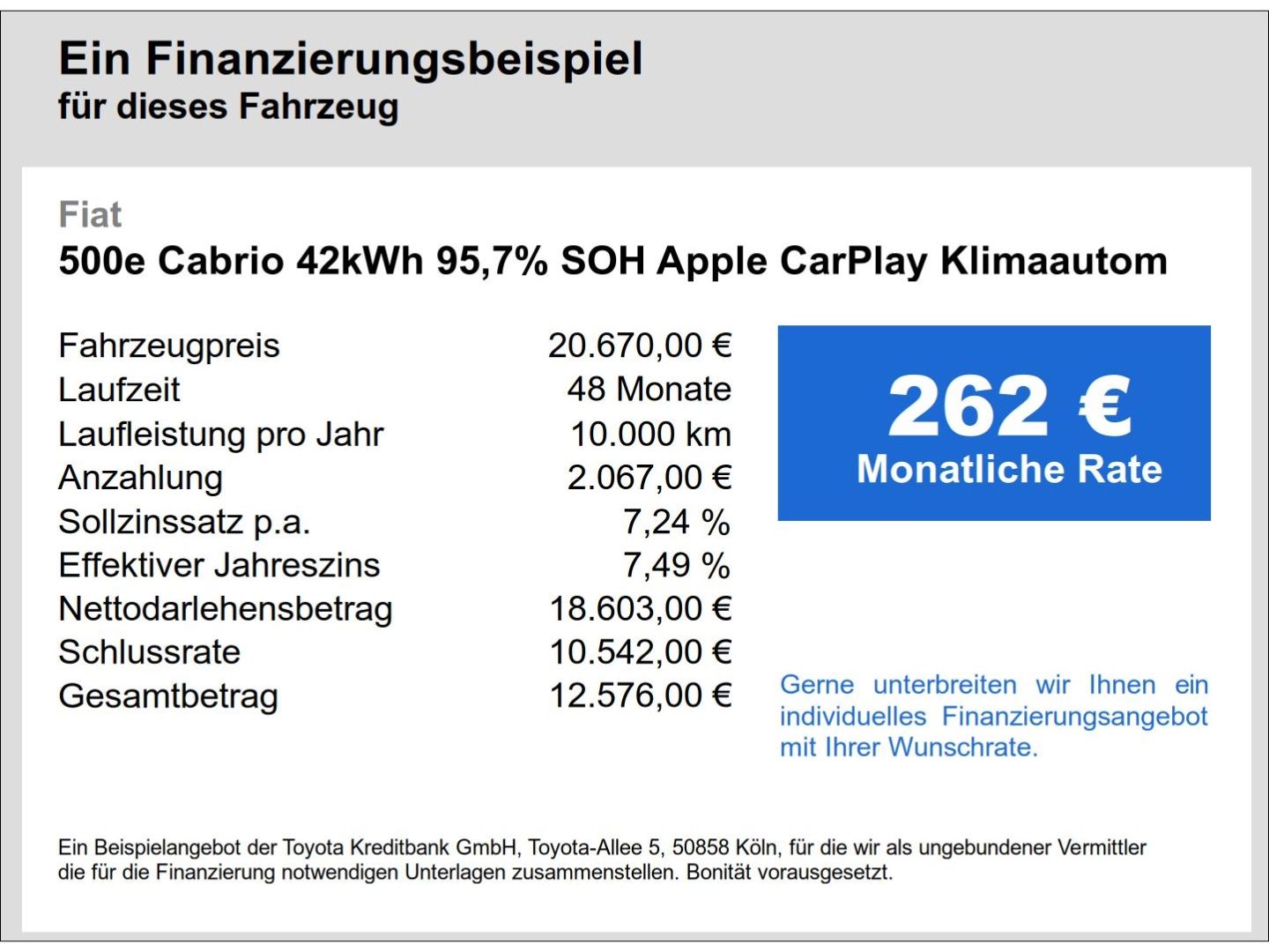Fahrzeugabbildung Fiat 500e Cabrio 42kWh 95,7% SOH Apple CarPlay Klimaa