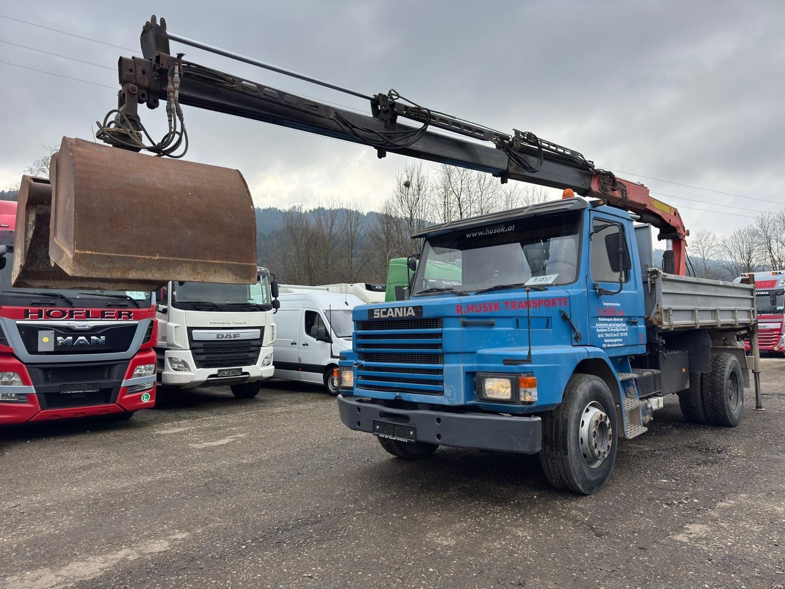 Scania T112 DREISEITENKIPPER+KRAN PK14500B*1982*