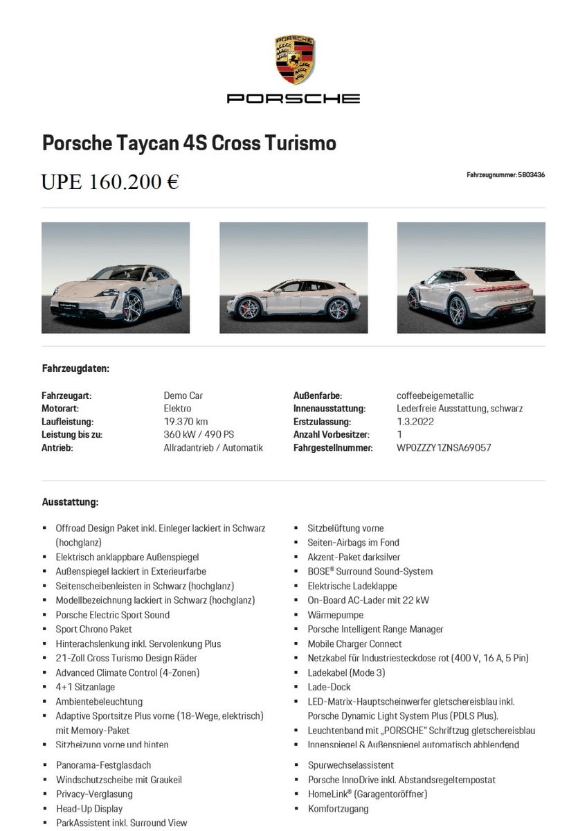 PORSCHE Taycan4SCrossTurismo,HA-Lenkung,Head-UP,Bose