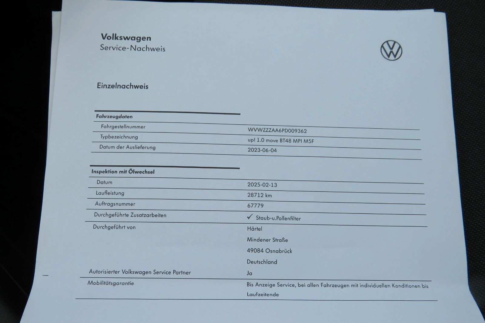 Fahrzeugabbildung Volkswagen up!  SITZHEIZUNG KLIMA 4-TÜREN NEBEL GJ 1.H