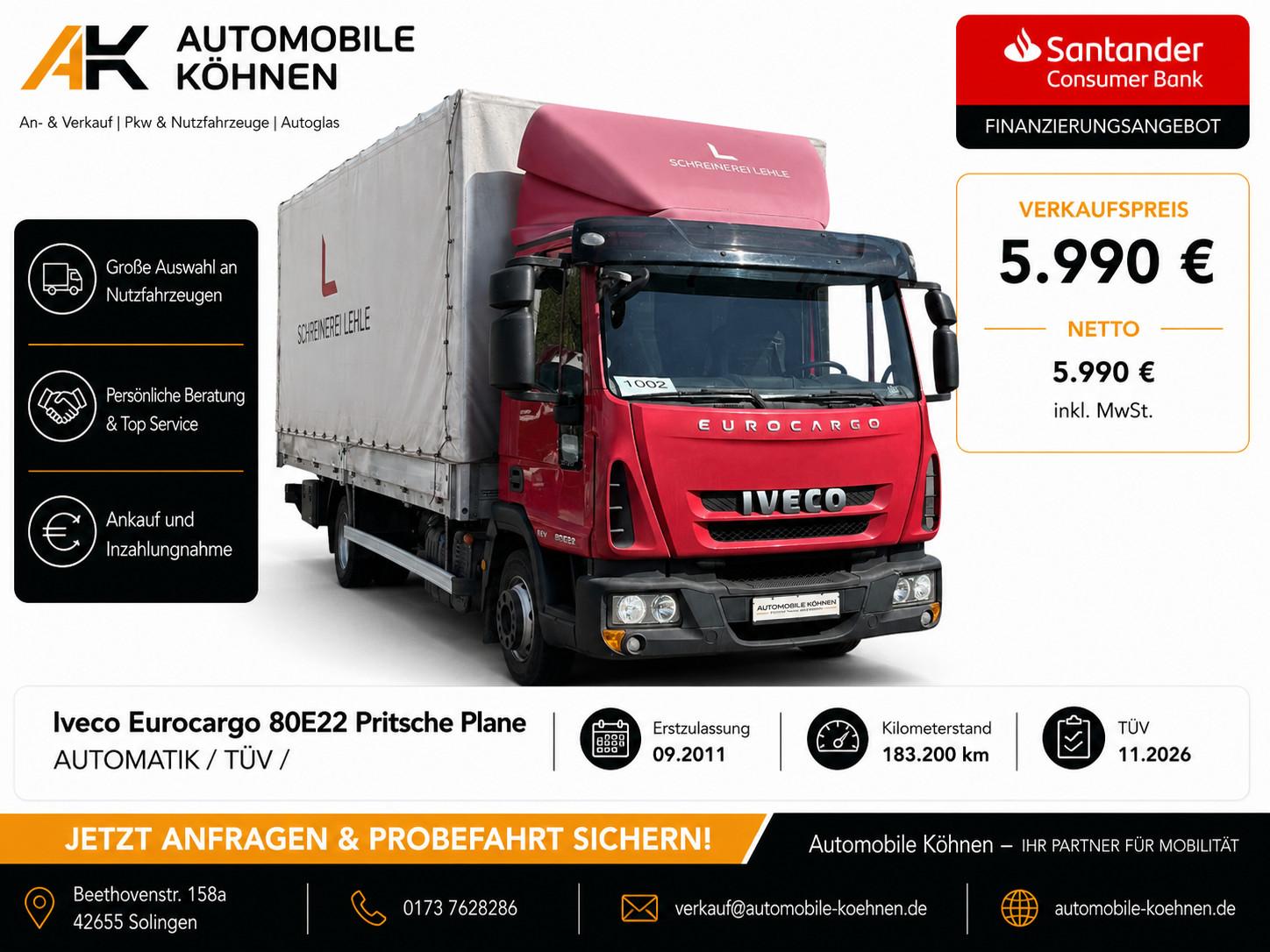 Iveco Eurocargo 80E22 Pritsche Plane Automatik / TÜV /