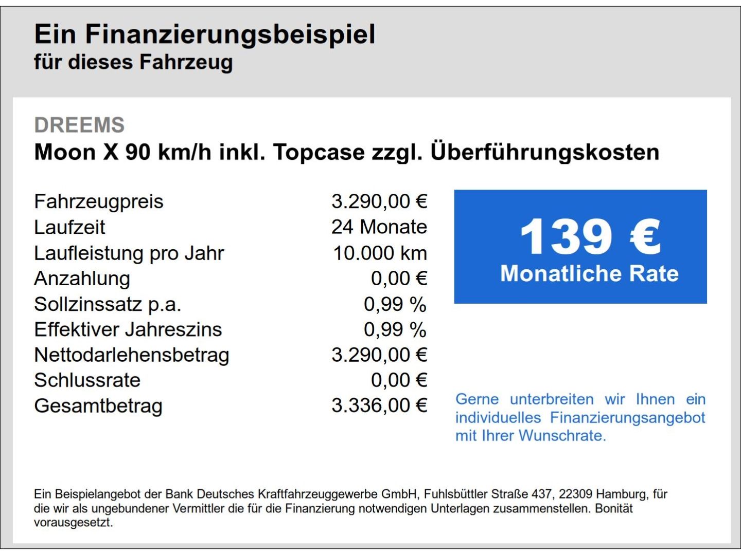 Fahrzeugabbildung DREEMS Moon X 90 km/h inkl. Topcase zzgl. Überführungsk