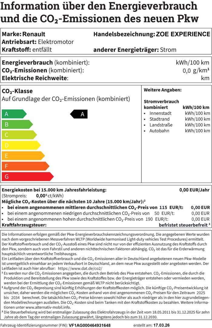 Fahrzeugabbildung Renault ZOE EXPERIENCE R110 Z.E. 50 Batteriemiete