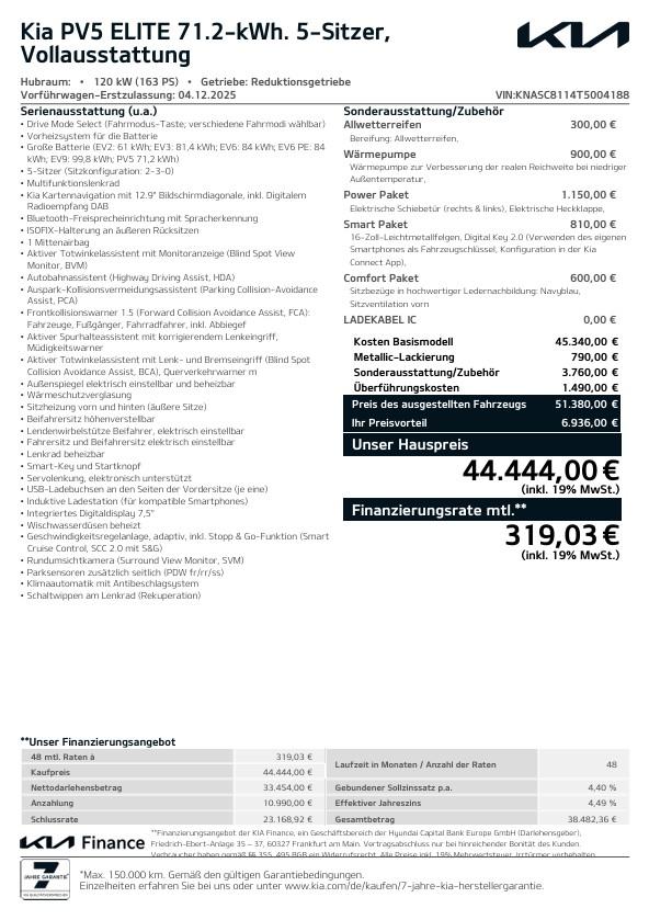 Kia PV5 Passenger 71,2 kWh Elite WP SMP PP CP AW