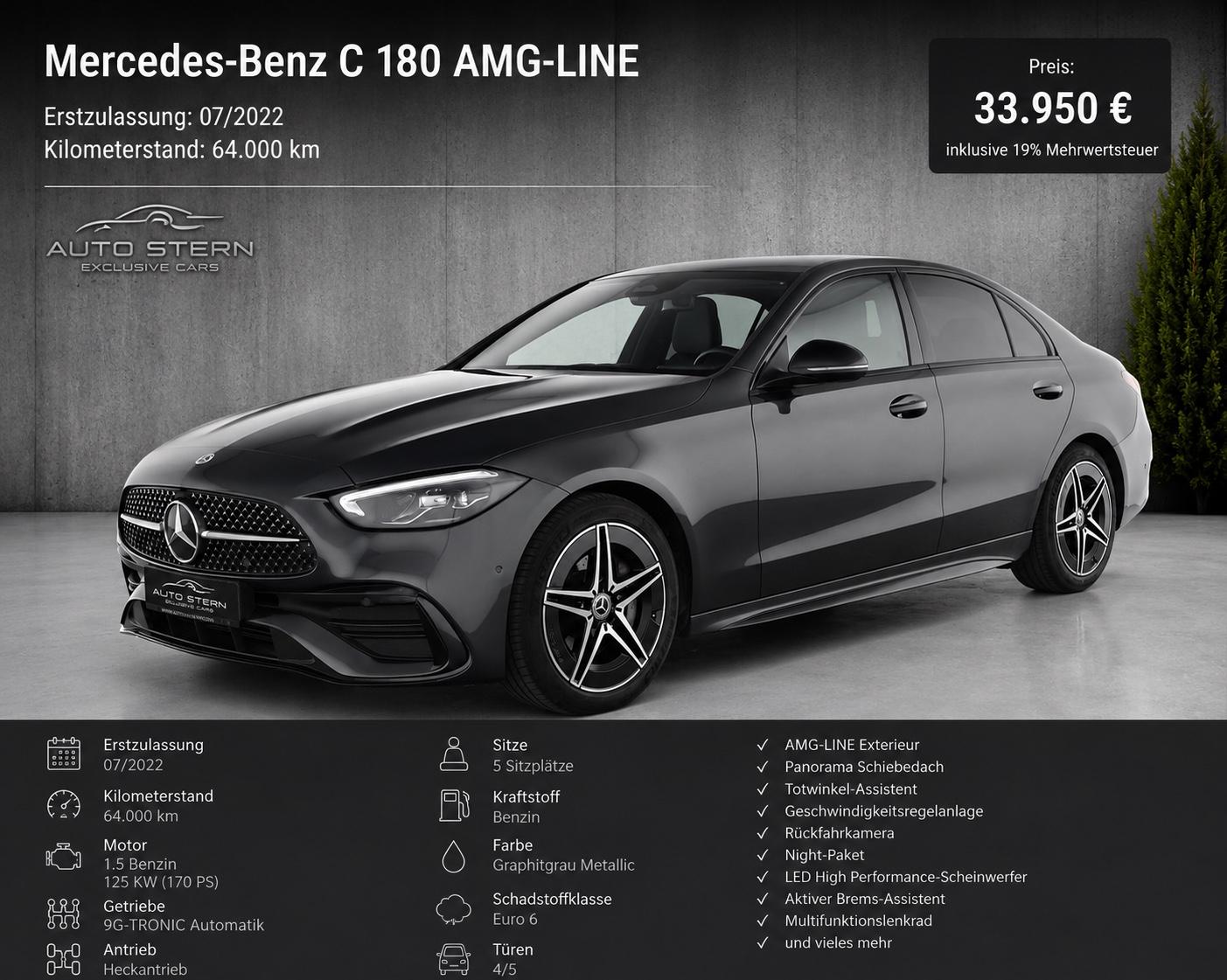 Mercedes-Benz C 180 AMG PANO LEDER NIGHT NAVI MBUX SPUR GRA