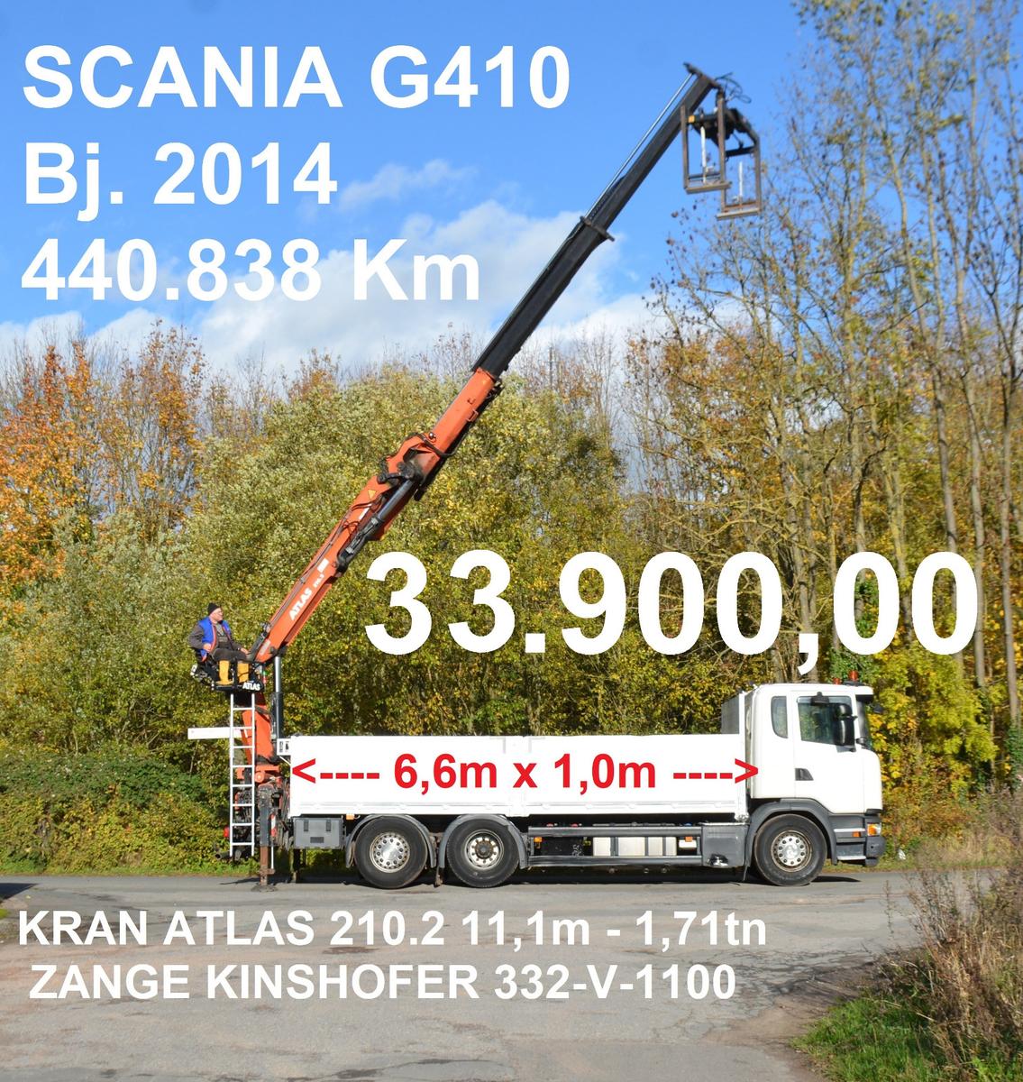 Scania G410 BAUSTOFF PRITSCHE KRAN ATLAS 210.2 11m-1,7t