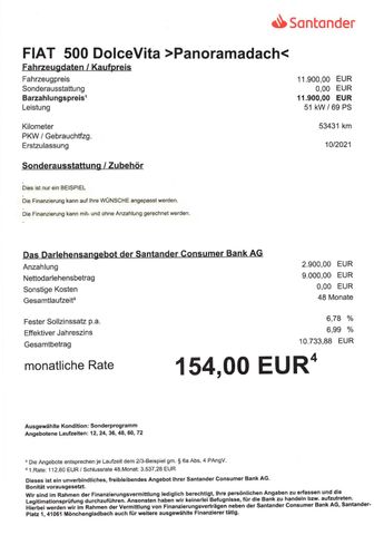 Fahrzeugabbildung Fiat 500 DolceVita >PAN/Navi/PDC/Teilleder<