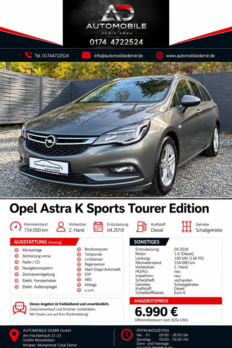 Opel Astra K Sports Tourer Edition °SHZ°BT°TEMPO°SHA°