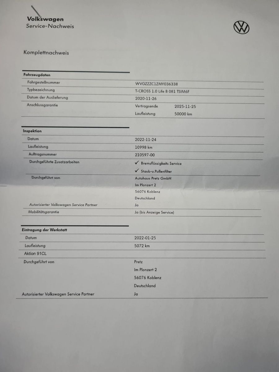 Fahrzeugabbildung Volkswagen T-Cross United / 1. Hand / KLIMA / PDC