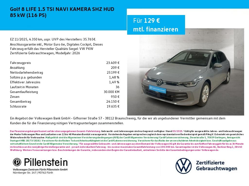 Volkswagen Golf 8 LIFE 1.5 TSI NAVI KAMERA SHZ HUD
