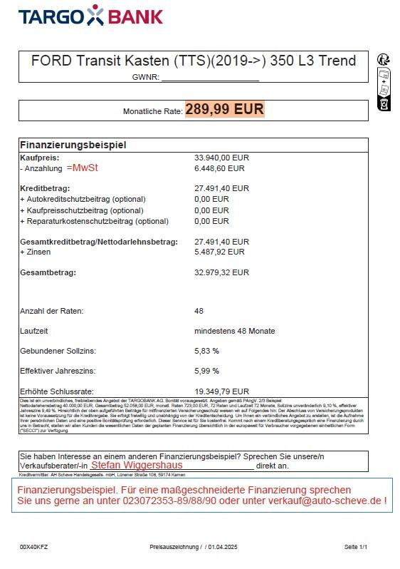 Ford Transit 350 Trend L3H2 Kamera Laderaumschutz PDC