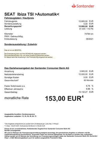 Fahrzeugabbildung Seat Ibiza 1.0 TSI, Style>Automatik/Klima/Bluetooth<