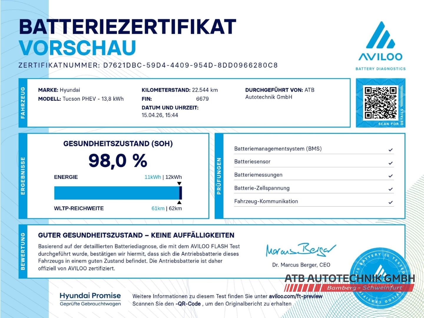 Fahrzeugabbildung Hyundai Tucson N-Line 1.6 T-GDi PHEV 4WD 98% SOH El. Pan