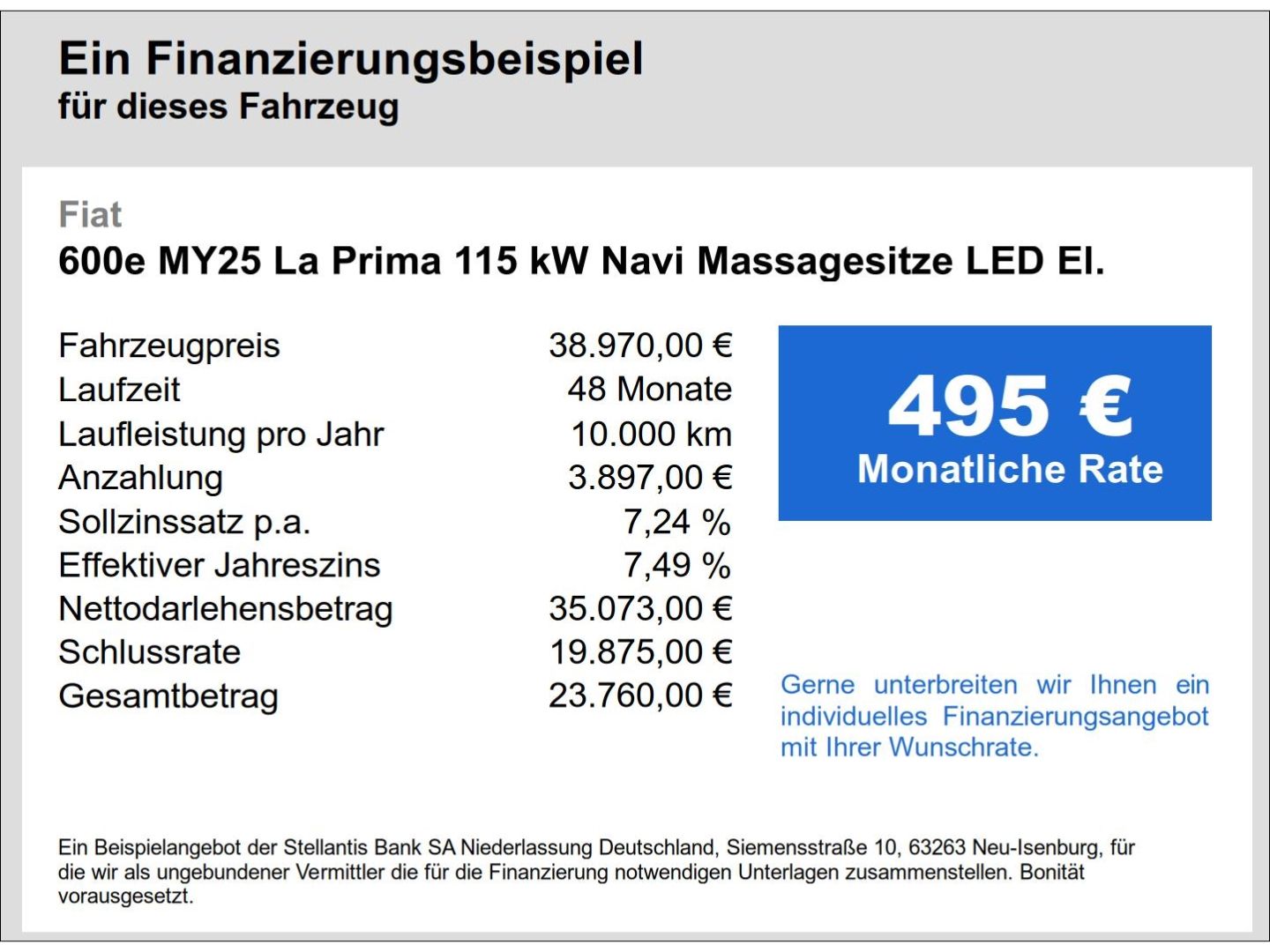 Fahrzeugabbildung Fiat 600e MY25 La Prima 115 kW Navi Massagesitze LED