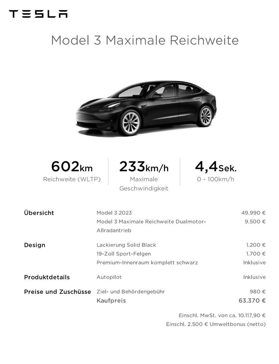 TESLA Model 3 Allrad, Dual, Long Range, max Reichweite