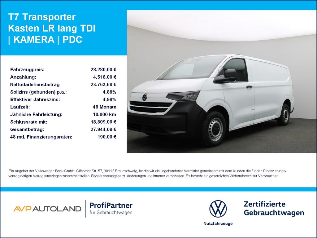 Abbildung Leasingangebot Volkswagen T7 Transporter Kasten LR lang TDI | KAMERA | PDC