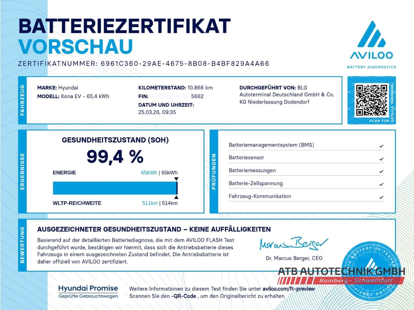 Fahrzeugabbildung Hyundai KONA Elektro 65kWh Trend 99,4% SOH Navi El. Heck