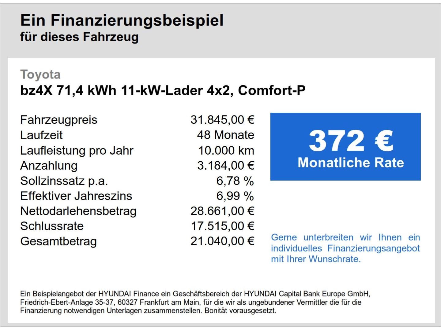 Fahrzeugabbildung Toyota bz4X 71,4 kWh, 150 kW & 11 kW-Lader 4x2, Comfort
