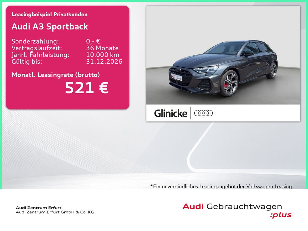 Abbildung Leasingangebot Audi A3 Sportback 45 TFSIe S line S tro. HuD Matrix-L