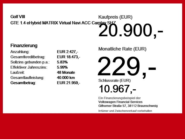 Volkswagen Golf VIII GTE 1.4 eHybrid MATRIX Virtual Navi AC, миниатюра 6