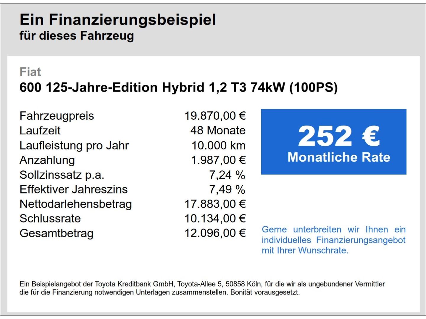 Fahrzeugabbildung Fiat 600 125-Jahre-Edition Hybrid 1,2 T3 74kW (100PS)