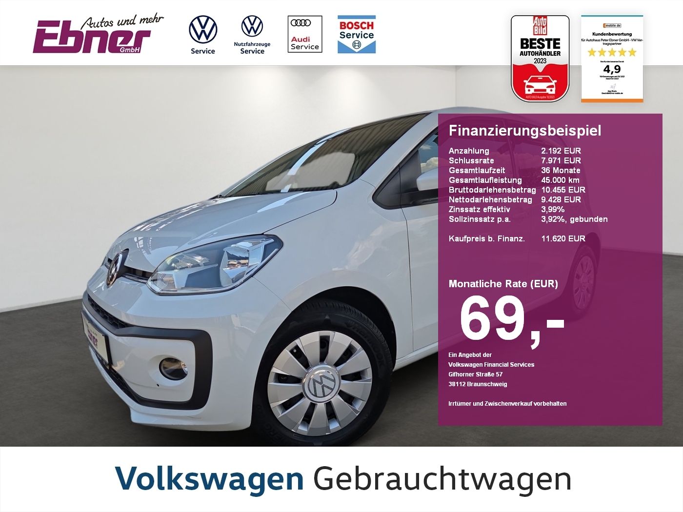 VW up! MOVE UP! 4-TÜRER 65PS KAMERA+SITZHZG+PDC+GRA