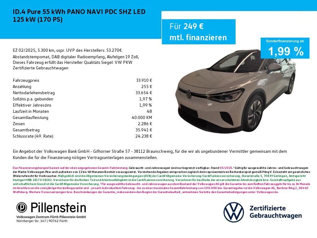 Volkswagen ID.4 Pure 55 kWh PANO NAVI PDC SHZ LED