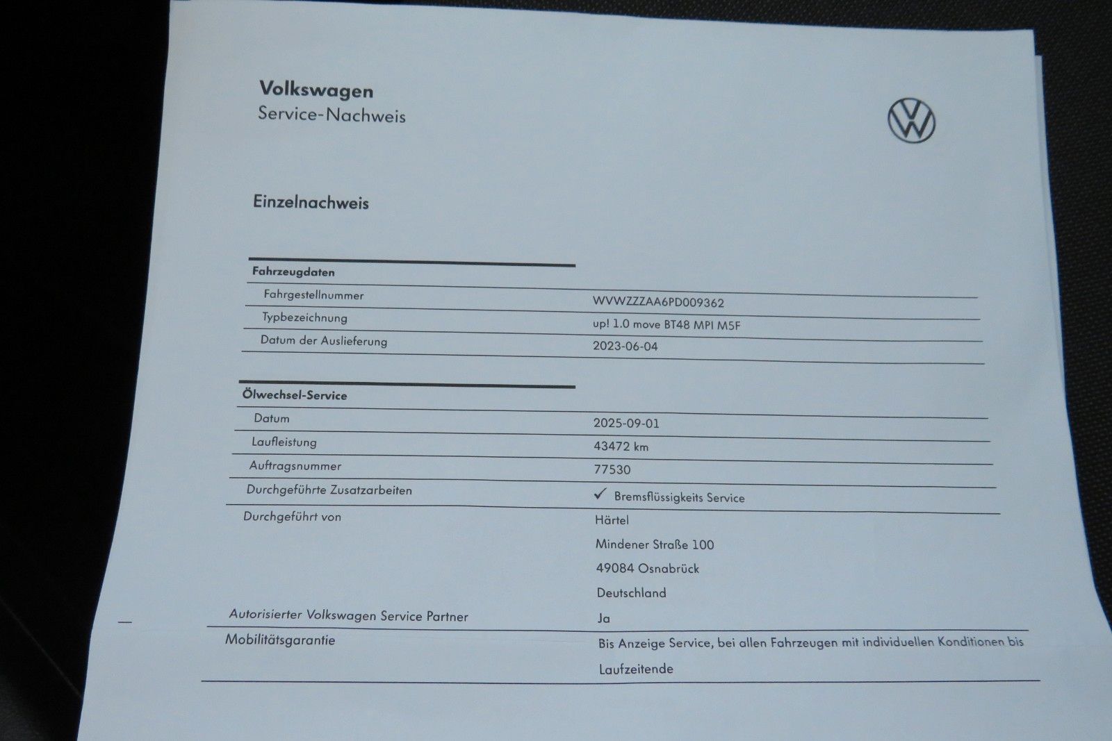 Fahrzeugabbildung Volkswagen up!  SITZHEIZUNG KLIMA 4-TÜREN NEBEL GJ 1.H