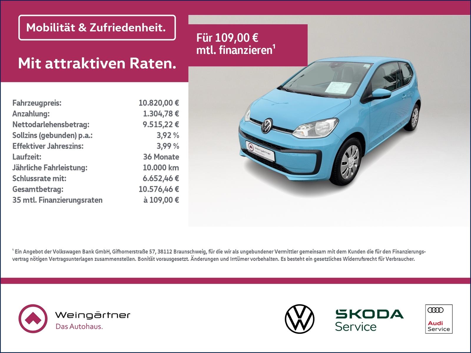 Volkswagen up! 1.0 GRA, Klima, Rearview, Einparkhilfe hinte