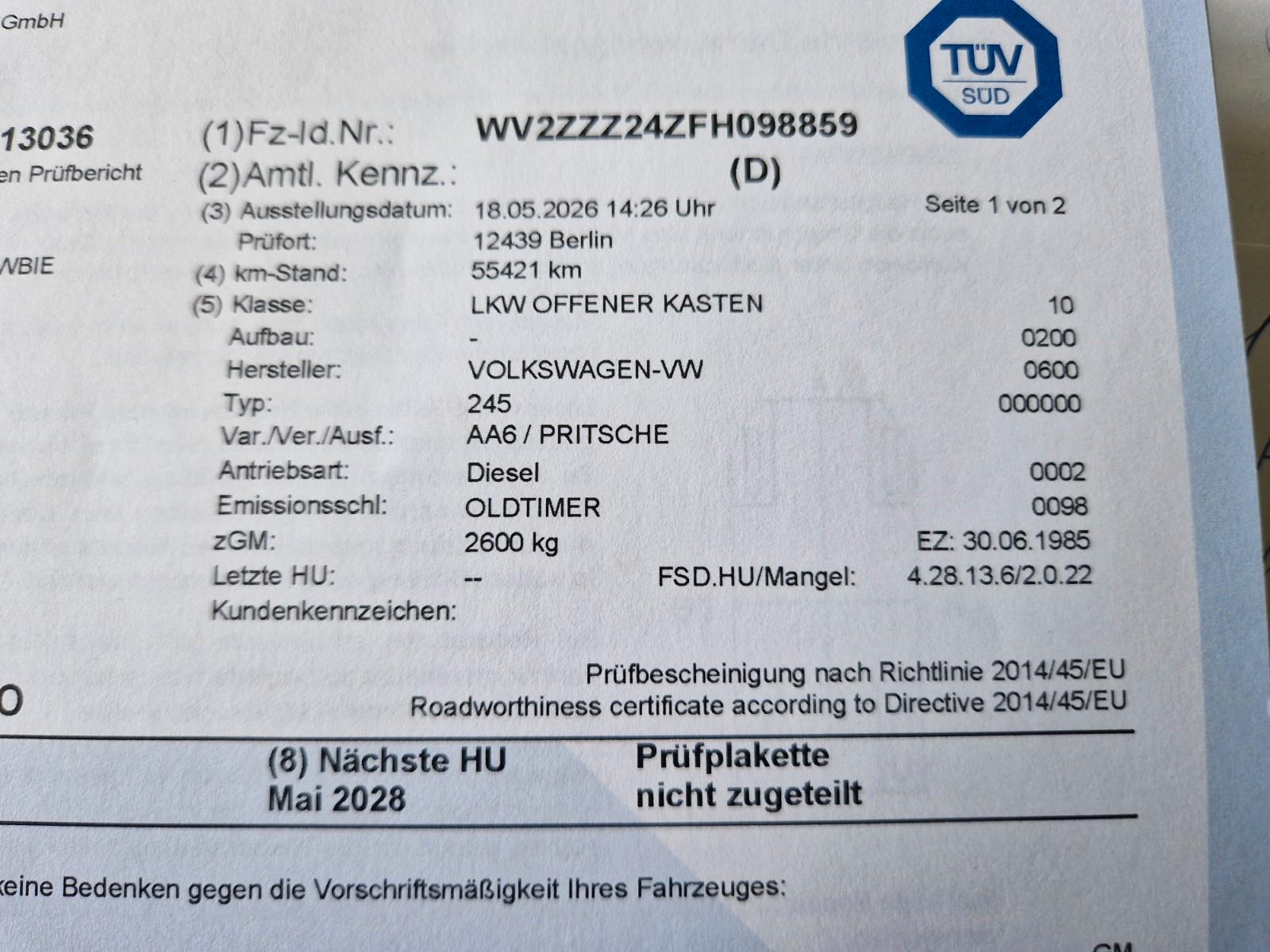 Volkswagen T3 1.6D PRiTSCHE H-ZULASSUNG TÜV NEU 05/2028