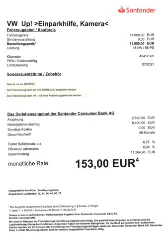 Fahrzeugabbildung Volkswagen up! 1,0 >1Halter/Kamera/Einparkhilfe<