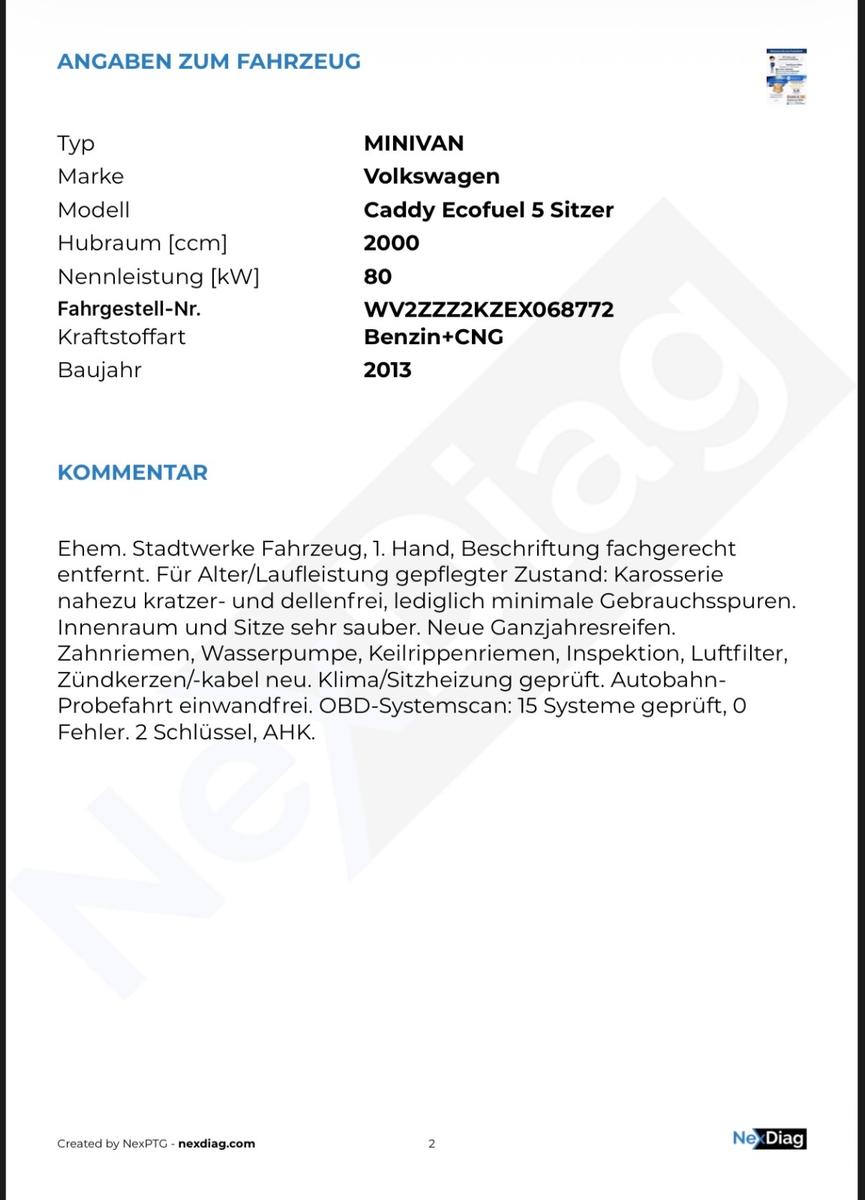 Volkswagen Caddy 2.0 EcoFuel Behörde ZR+Reifen NEU