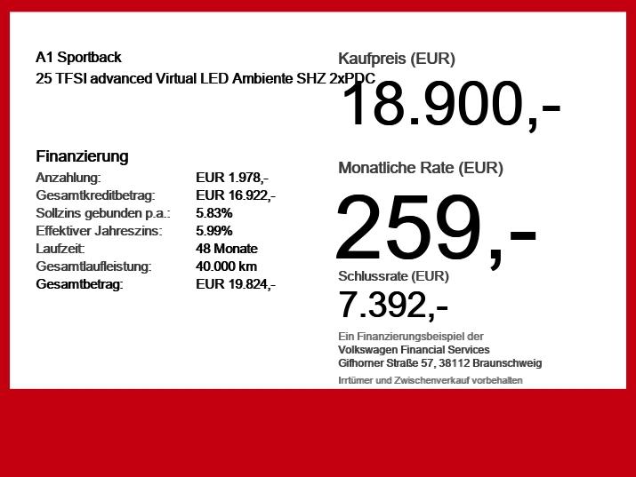 Audi A1 Sportback 25 TFSI advanced Virtual LED Ambien, миниатюра 6