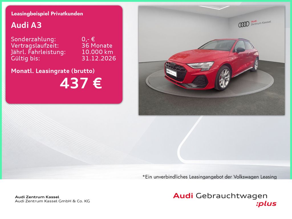 Abbildung Leasingangebot Audi A3 SB 45 TFSI e S line Matrix SONOS AHK HuD Kam.
