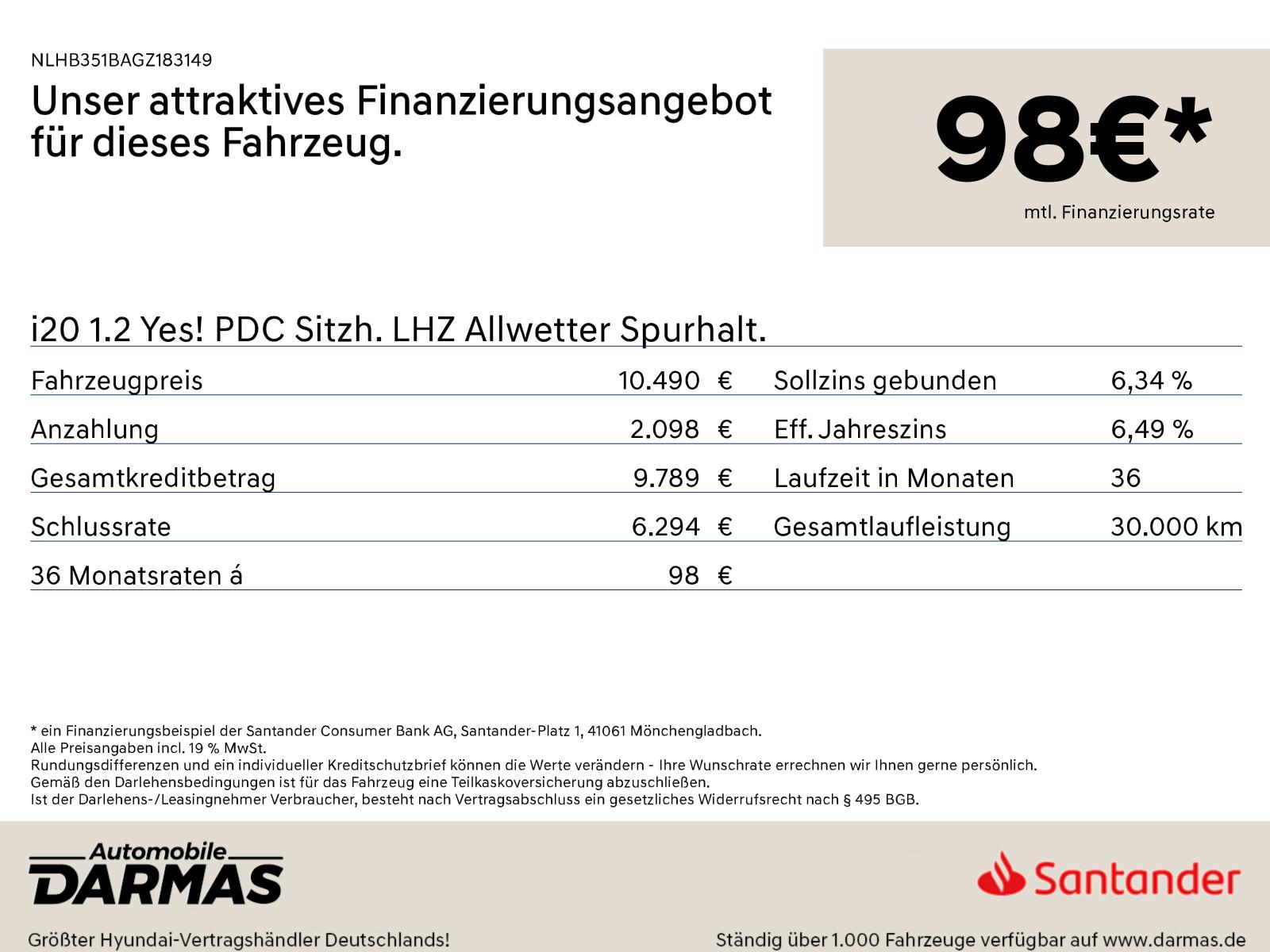 Hyundai i20 1.2 Yes! PDC Sitzh. LHZ Allwetter Spurhalt.