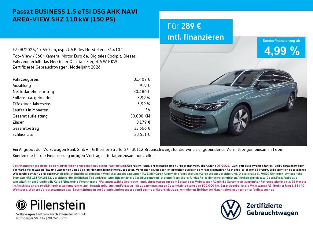 VW Passat BUSINESS 1.5 eTSI DSG AHK NAVI AREA-VIEW