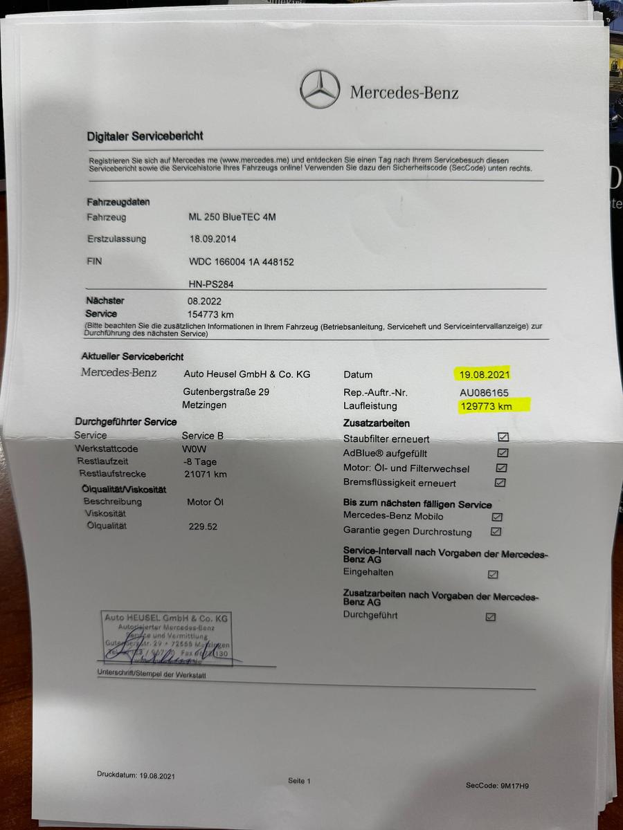 Mercedes-Benz ML 250 CDI BlueTec 4Matic/Durch-Mercedes Service