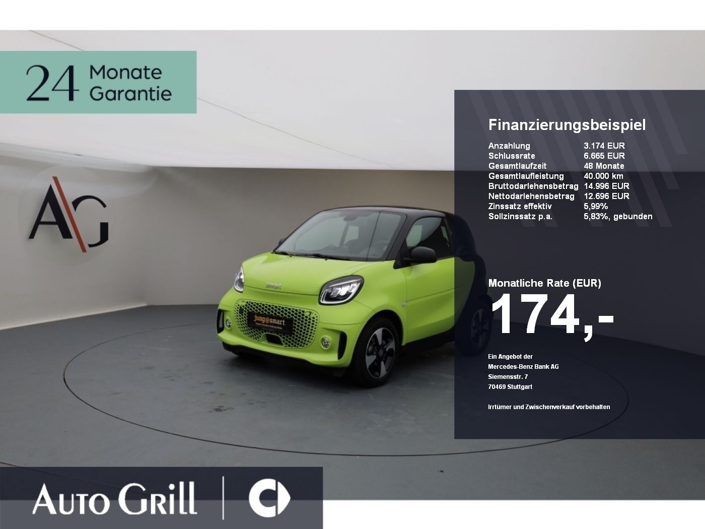 Smart fortwo EQ 22kw Pano LED - neuwertig - limegreen