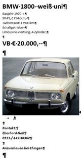 BMW 1800 Oldtimer - BMW Gebrauchtwagen von 1970
