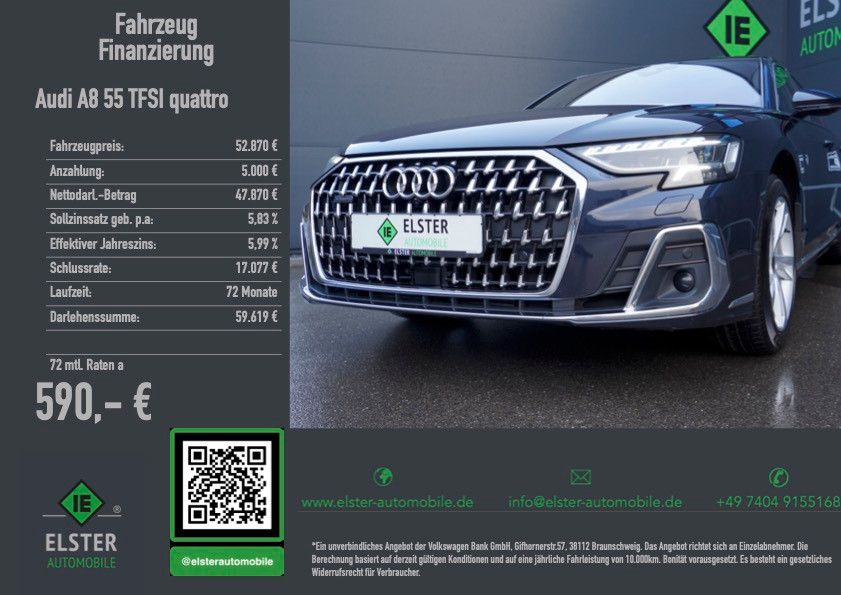 AUDI A8 55 TFSI qu,Standh,Pano,Bang&amp;Ol,ASG 6/2027,M+S