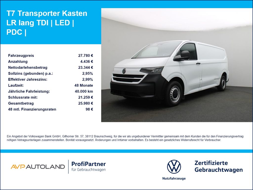 Abbildung Leasingangebot Volkswagen T7 Transporter Kasten LR lang TDI | LED | PDC |
