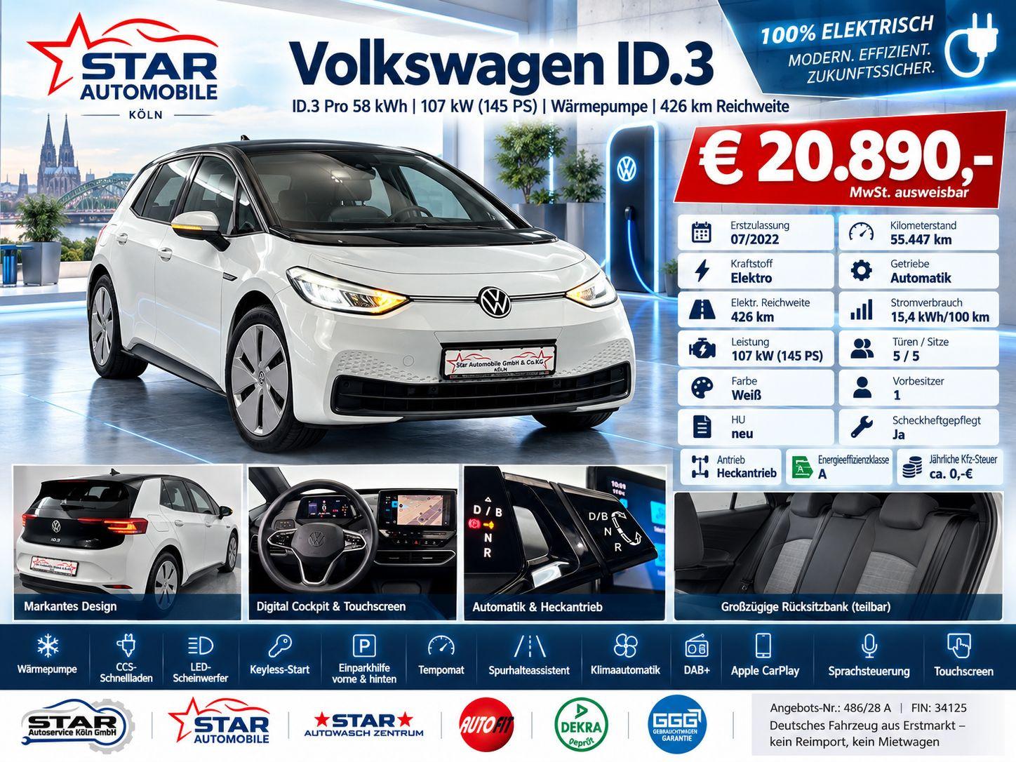 Volkswagen ID.3 Pro 58kWh 107kW 145 PS Wärmepumpe NAVI PDC