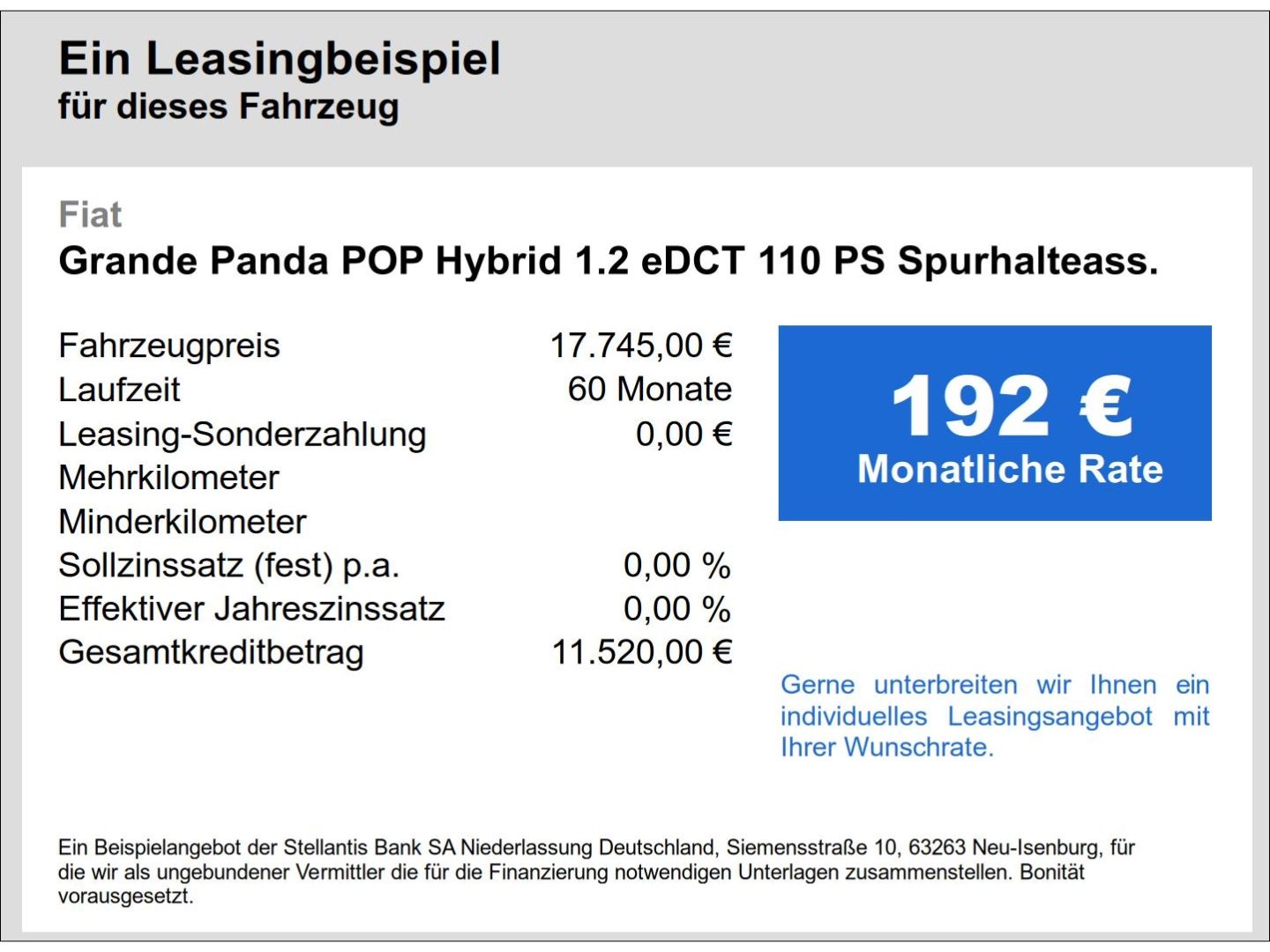 Fahrzeugabbildung Fiat Grande Panda POP Hybrid 1.2 eDCT 110 PS Spurhalt