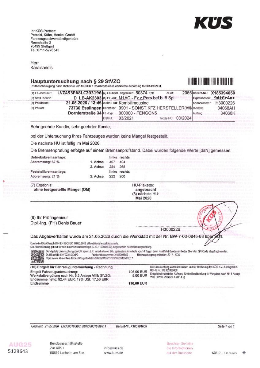 DFSK Fengon 5, Tüv Neu