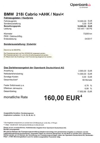 Fahrzeugabbildung BMW 218i Cabrio >AHK/NAV/PDC/LED/SHZ<