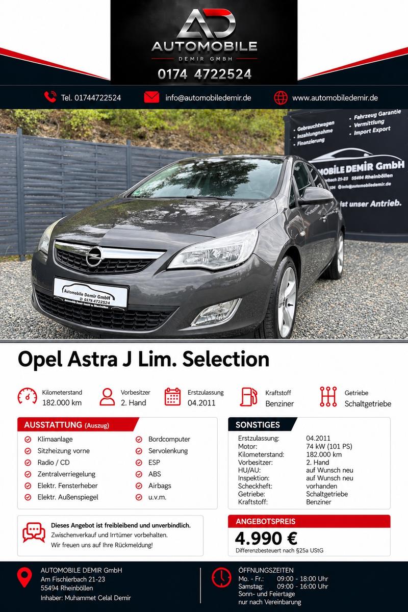 Opel Astra J Lim. Selection°SHZ°TEMPO°KLIMA°ALU°LENKH